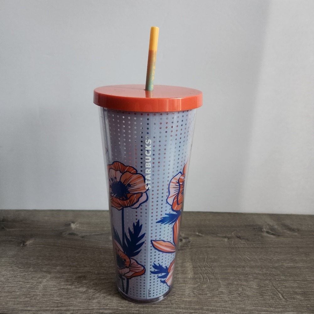2017 Starbucks Poppy Floral Cold Cup Tumbler Venti 24oz w/ Lid & Straw READ